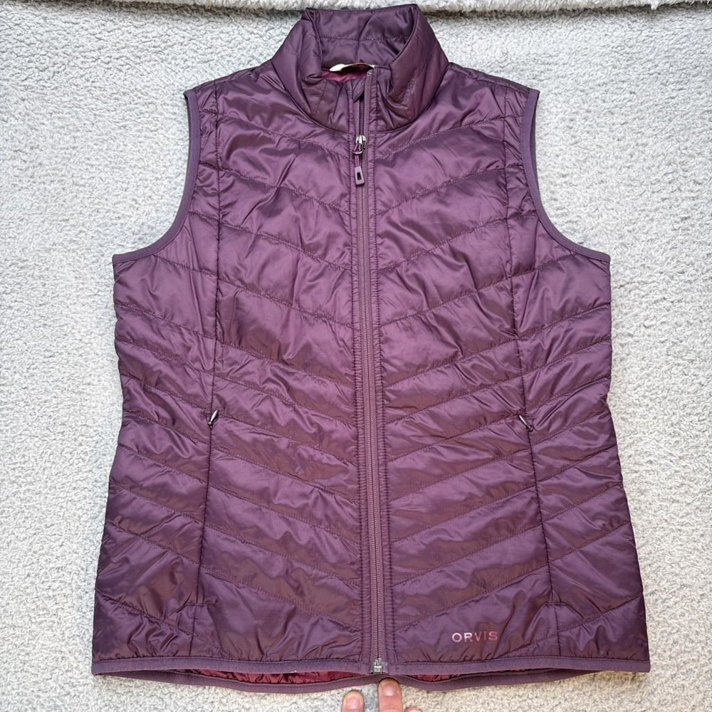 Orvis Womens Quilted Vest Small Purple Zip Up Outdoor Hiking Layer Herringbone